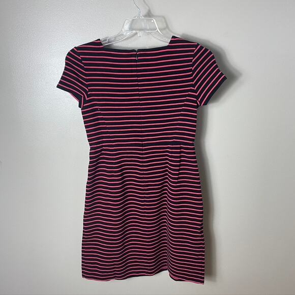 Womens Short Sleeve Square Neck Knit Sheath Dress Black Pink Striped Nautical 4P - Picture 6 of 7
